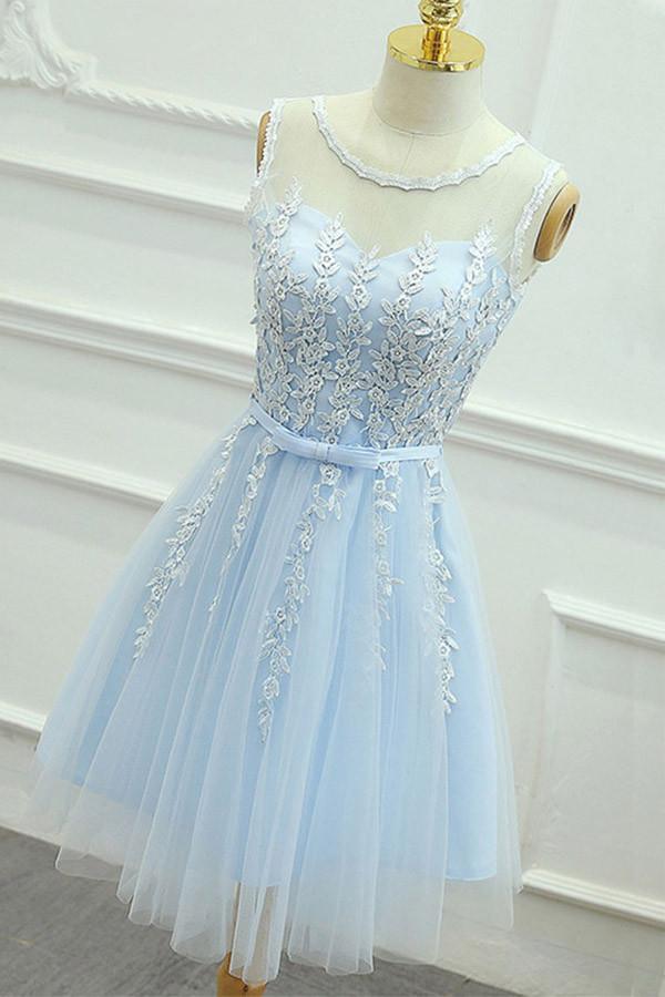 Luolandi A-Line Appliques Tulle Homecoming Dress Sky Blue Short Party Dress